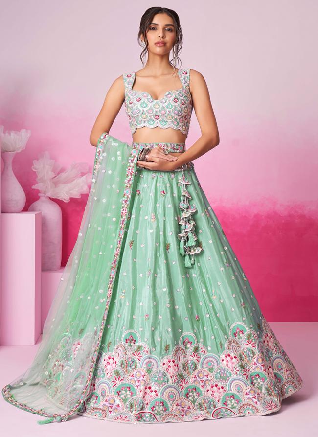 Poly Georgette Lime Green Bridal Wear Sequins Work Lehenga Choli